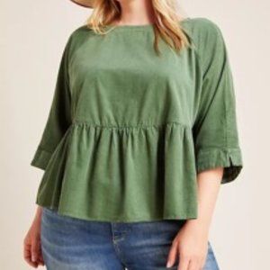 Anthropology - Maeve Maria Babydoll Blouse - Green Peplum Corduroy Top - L